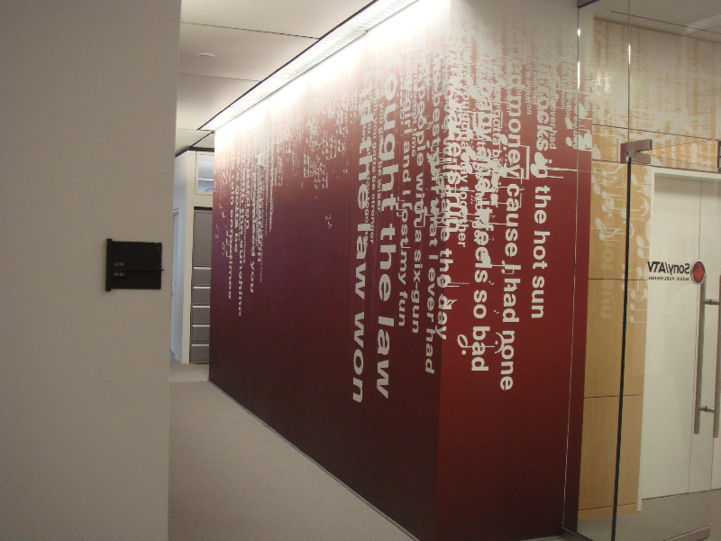 Sony Music corporate offices in New York, add corporate branding to the décor of hallways.