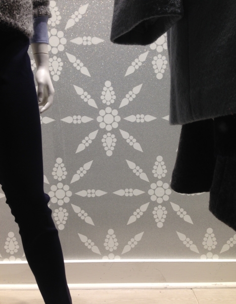 Holiday windows installed with digitally printed wallpaper with glitter screen printed .