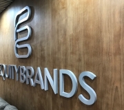 Brushed metal dimensional corporate logo installed in showroom for branding