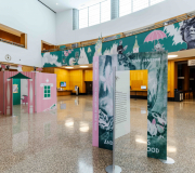 This wild successful exhibit at Brooklyn. Public Library  for "Moomins"  used large scale vinyls and fabricated displays throughout the space 
