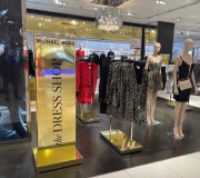 Custom fabrication and printing for Holiday graphics takeover at Macys Herald Square . Gold mirror and metallic vinyls are used to help bring shine for the holidays