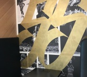 digitally printed wallpaper and custom painting of numbers in gold metallic